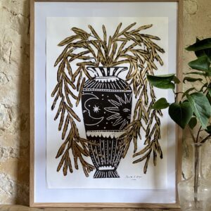 Linogravure Arnold d'Alger - Vase noir lune et soleil - 58 x 42cm