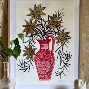 Linogravure Arnold d'Alger - Cruche rouge chouette blanche - 58 x 42cm