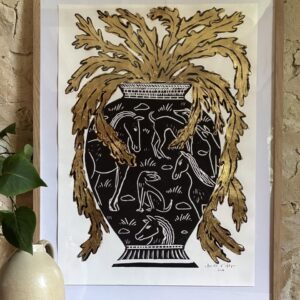 Linogravure Arnold d'Alger - Vase noir avec chevaux et chiens - 58 x 42cm