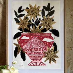 Linogravure Arnold d'Alger - Vase rouge montagne et chalet- 58 x 42cm