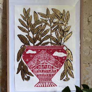 Linogravure Arnold d'Alger - Vase rouge montagne et chalet- 58 x 42cm