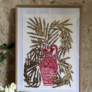 Linogravure Arnold d'Alger - Jarre rouge avec chouette blanche feuillage doré - 58 x 42cm